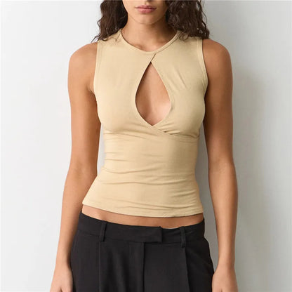 Women's Summer Tank Tops Stylish Solid Color Hollow Out Design Crew Neck Sleeveless Slim Fit Vest Shirt Y2K Streetwear