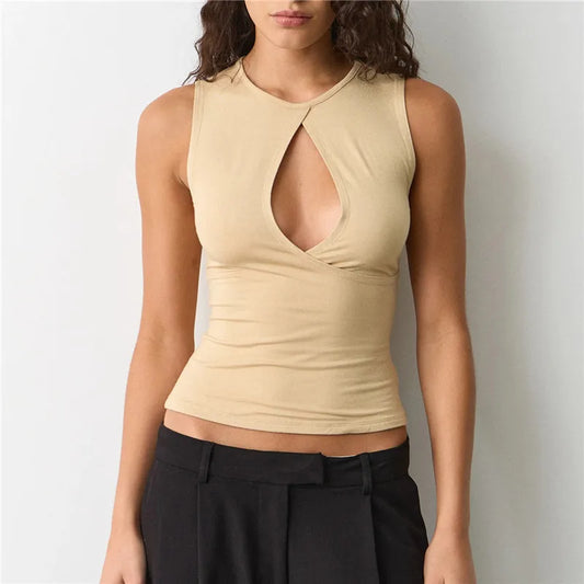 Women's Summer Tank Tops Stylish Solid Color Hollow Out Design Crew Neck Sleeveless Slim Fit Vest Shirt Y2K Streetwear