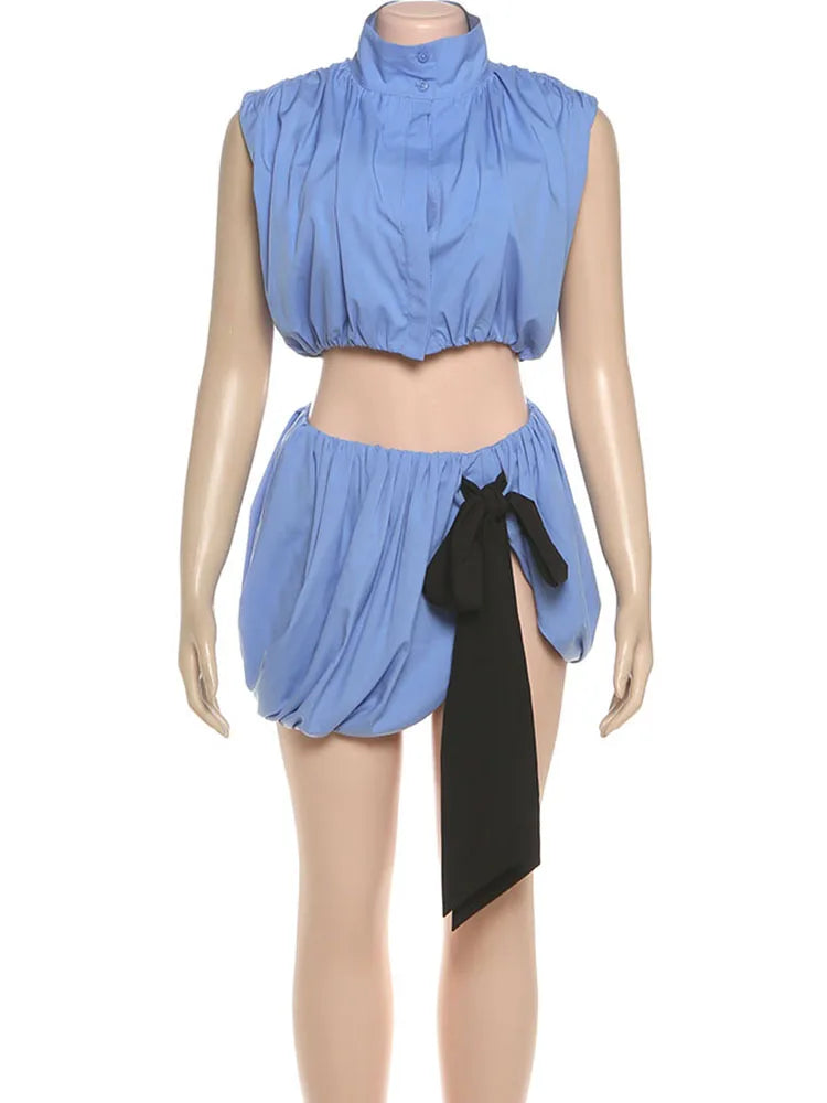 Casual Women 2 Piece Set Ruched Simple Single-Breasted Tank Tops+Split Knot Ribbon Skirts Matching Solid Streetwear