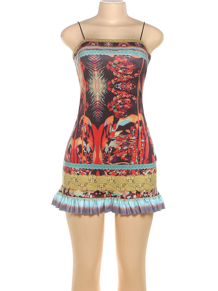 Sexy Beach Camis Dress Women Colorful Print Sleeveless Skinny Vacation Midnight Party Clubwear Scalloped Hem Bodycon