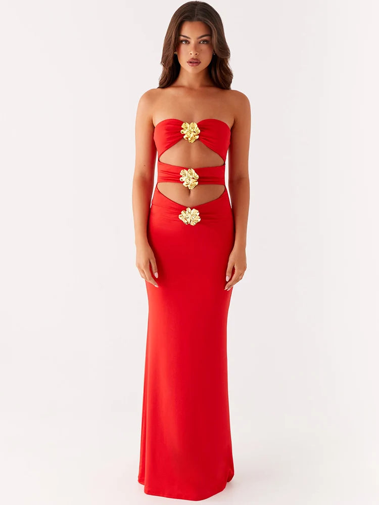 Metal Rose Hollow Out Sexy Maxi Dress Women Beach Holiday Gown Strapless Off-shoulder Backless Bodycon Club Long Dress