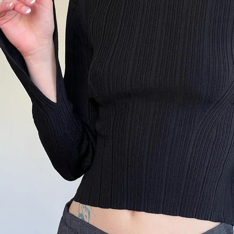 Casual Knit Flare Long Sleeve Top Black Fitted Shirts Y2k Clothes for Women Tees Spring 2024