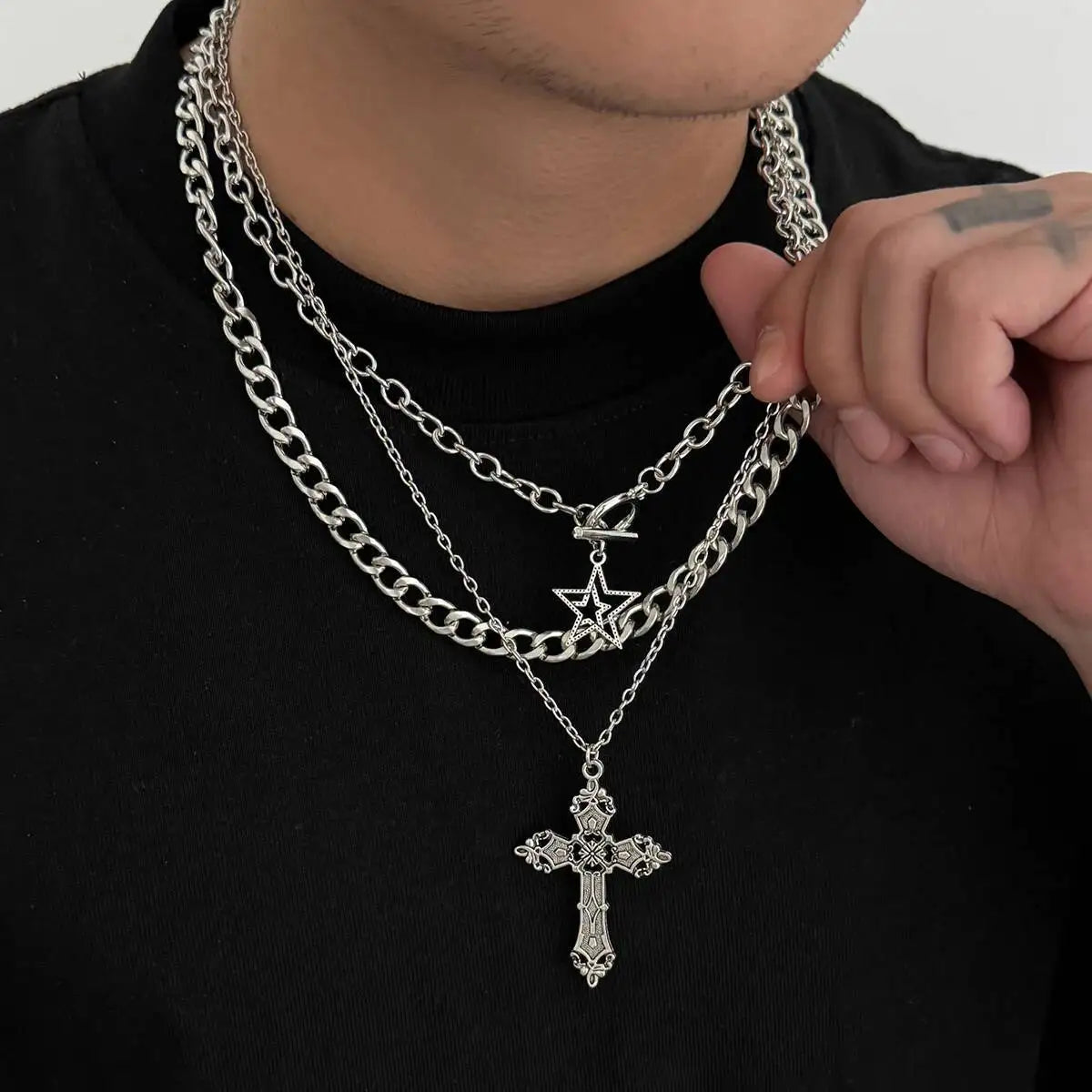 3 Pcs/Set Hip Hop Punk Silver Color Cross Star Pendant Necklace Men Kpop Creative OT Buckle Chain Necklace Daily Jewelry