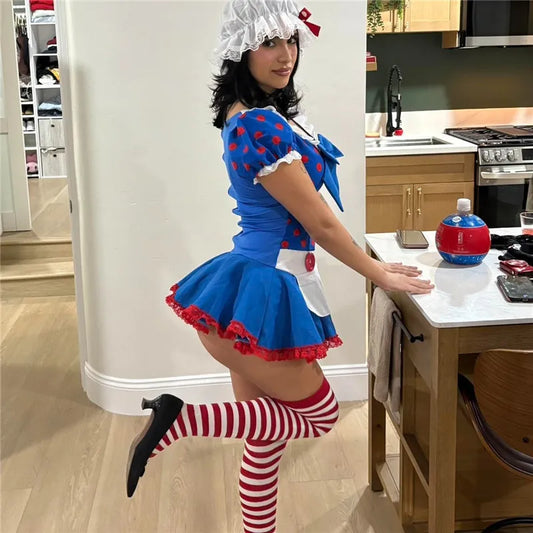 Women Polka Dot Ragdoll Cosplay Outfit Short Dress with Matching Hat and Striped Stockings Party Maid Costume