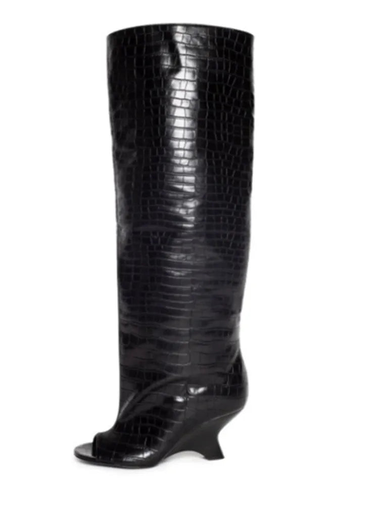 Women's Fish Mouth Thick High Heels Knee Length Cool Boots Slant Heel Fashion Show Large Size Spring/Summer Women's Boots