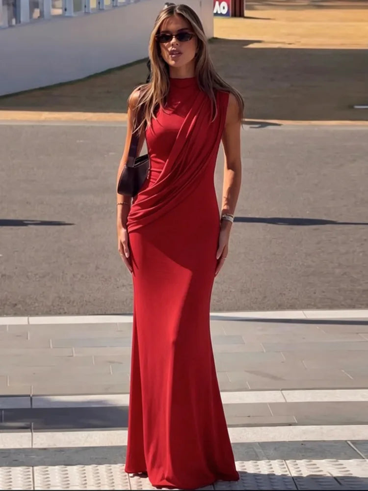 High Neck Draped Ruched Maxi Dress Women Elegant Sleeveless Bodycon Evening Club Party Long Dress Female Cocktail Gown