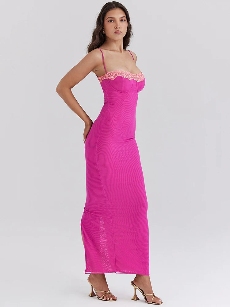 Lace Spaghetti Strap Bodycon Maxi Dress Women Gown Patchwork Fashion Sleeveless Backless Sexy Club Party Dress Elegant