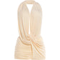 Sexy Fashion Dress Woman Halter Ruched Knot Design Deep V-Neck Backless Sleeveless Skinny Peach Buttocks Mini Bodycon