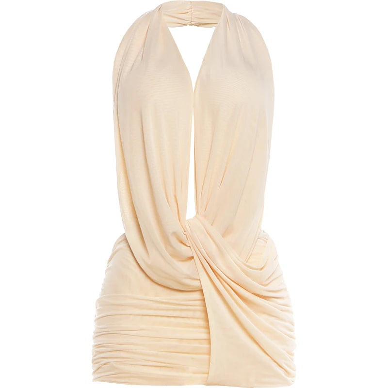 Sexy Fashion Dress Woman Halter Ruched Knot Design Deep V-Neck Backless Sleeveless Skinny Peach Buttocks Mini Bodycon