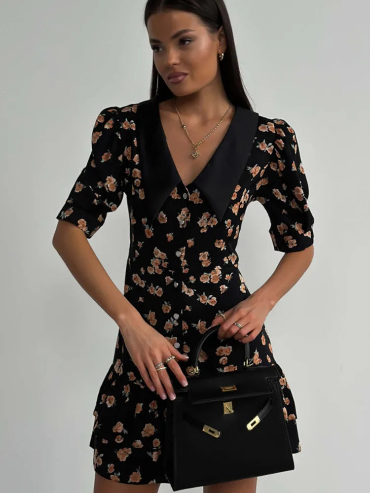 Short Sleeve Floral Mini Dress For Women Robe Turn-down Collar Elegant French Dress Ladies Fashion High Waist Dresses