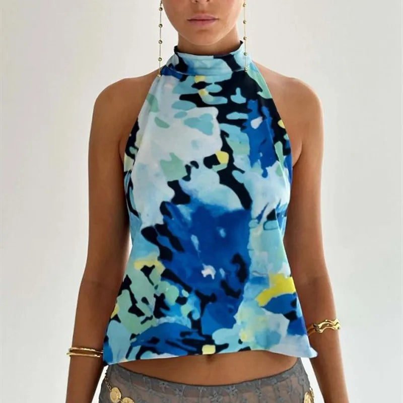 Women Y2k Floral Printed Halter Tank Top Summer Going Out Cami Tops Boho Sexy Backless Vacation Beach Camisoles