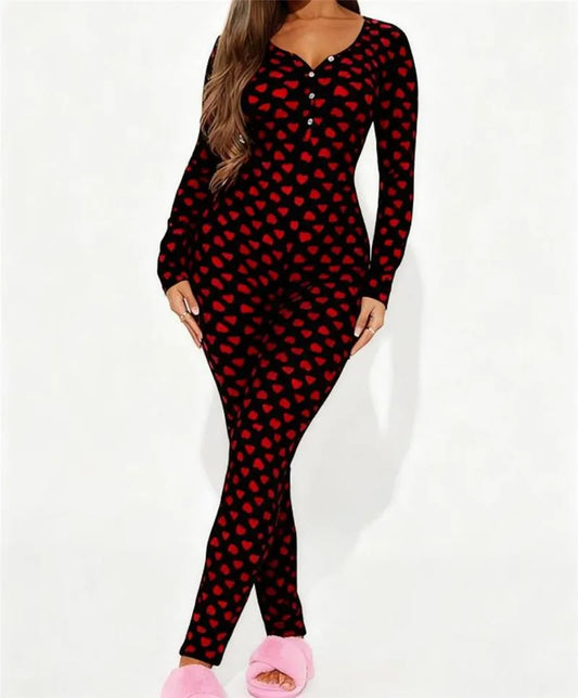 Women Valentines Sexy Heart Print Long Sleeve Slim Fit Romper Pajamas Holiday Bodycon Button Up Jumpsuit Cute Pjs