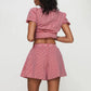 Women Summer Outfits Loose Fit Casual Bow Tie Front Plaid Pattern Short Sleeve V Neck Tops + Wide Leg Shorts 2 Pcs Set