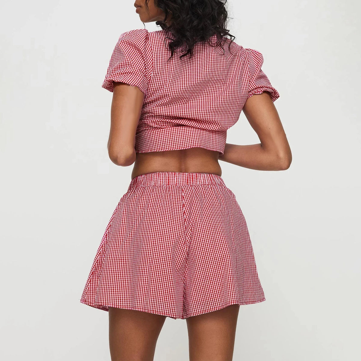 Women Summer Outfits Loose Fit Casual Bow Tie Front Plaid Pattern Short Sleeve V Neck Tops + Wide Leg Shorts 2 Pcs Set