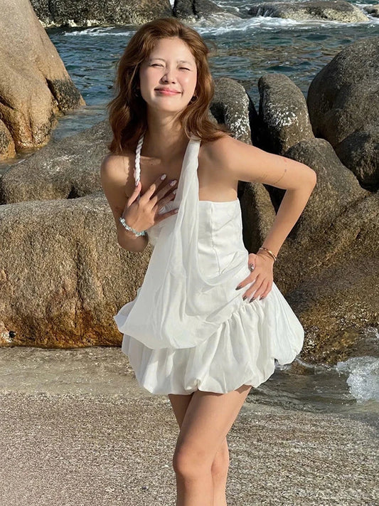 Y2K Sweet Creamy Style Dress Women Mesh 3d Flowers Twist The Rope Halter Backless Vacation Beach Party Mini Bodycon