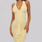 Mesh Deep V Neck Backless Sexy Maxi Dress Women Elegant Halter Off-shoulder Sleeveless Ruffled Club Party Long Dress