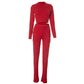 Casual Sporty 2 Piece Set Women o-Neck Long Sleeve Crop Top+Solid Skinny Pocket Straight Pants Simple Trend Tracksuit