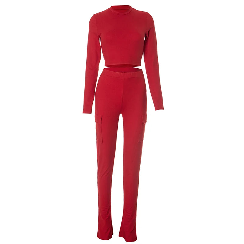 Casual Sporty 2 Piece Set Women o-Neck Long Sleeve Crop Top+Solid Skinny Pocket Straight Pants Simple Trend Tracksuit