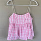 Y2K Coquette Aesthetic Pink Gingham Babydoll Top Spaghetti Strap Square Neck Double Layer Ruffle Hem Peplum Cami Blouse