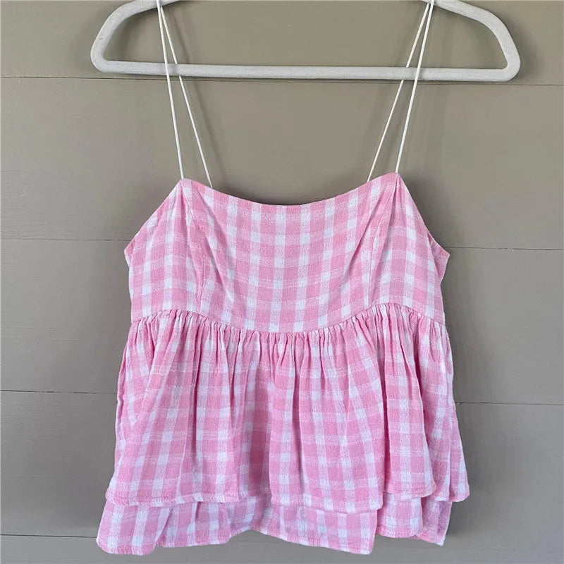 Y2K Coquette Aesthetic Pink Gingham Babydoll Top Spaghetti Strap Square Neck Double Layer Ruffle Hem Peplum Cami Blouse