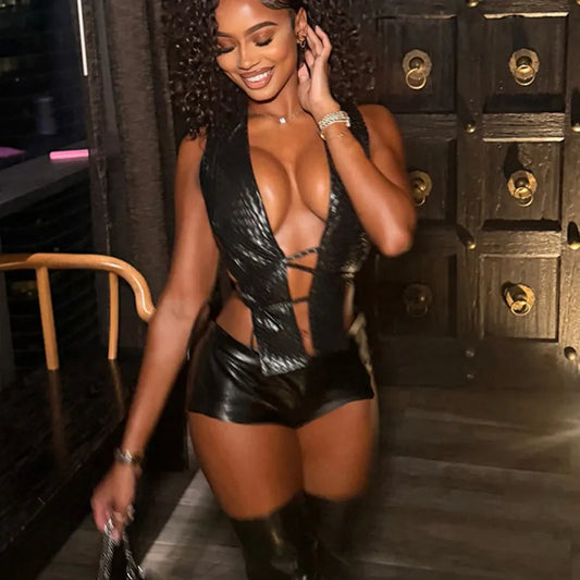 Womens Sexy Faux Leather 2 Piece Outfits Deep V Neck Sleeveless Lace Up Crop Top + High Waist Shorts Set Nightclub Party