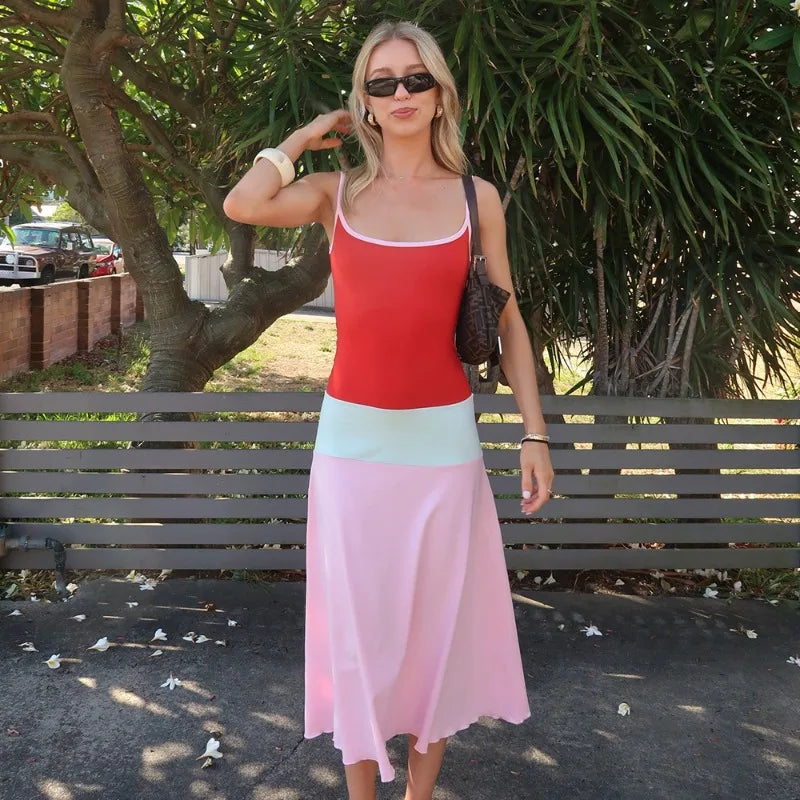 Colorblock Long Summer Dress 2026 Fashion Casual Spaghetti Strap Backless A-line Dresses