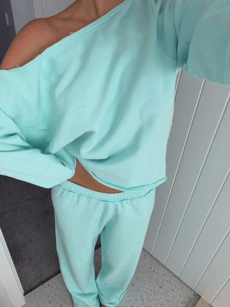 Casual Comfortable 2 Piece Set Woman Autumn Trend Skew Collar Full Sleeve T-Shirts+Long Pants Simple Style Outfits