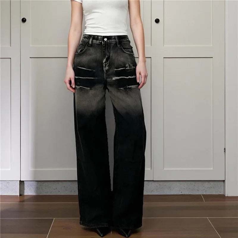 Women Water Washed Denim Pants Low Rise Retro Gradient Loose Straight Leg Jeans with Pockets Vintage Streetwear