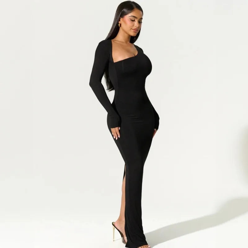 Sexy Black Evening Party Dress Women Elegant Fall Winter Outfits Asymmetrical Long Sleeve Slit Maxi Dresses