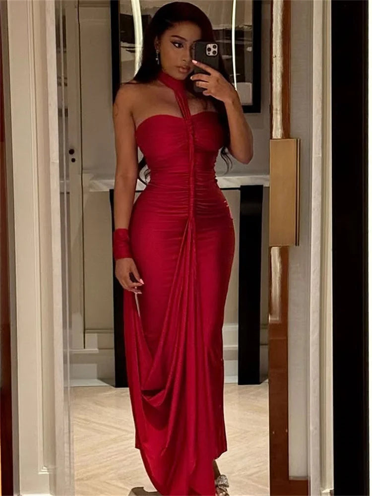 Elegant Halter Maxi Dress Women Backless Skinny Hand Strap Hem Summer Trend Sexy Vacation Birthday Party Vestidos