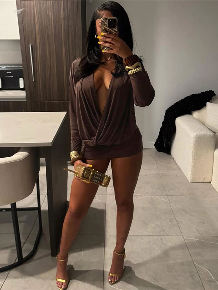 Elegant Deep V-Neck Dress Women Autumn Basic Full Sleeve Stretch Midnight Street Clubwear Party Activity Mini Bodycon