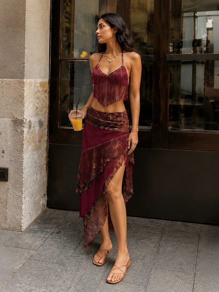 Leopard Patchwork Tassel 2 Piece Set Women Sexy Backless Halter Bandages Tank Top+Irregular Hem Skirt Hottie Clubwear