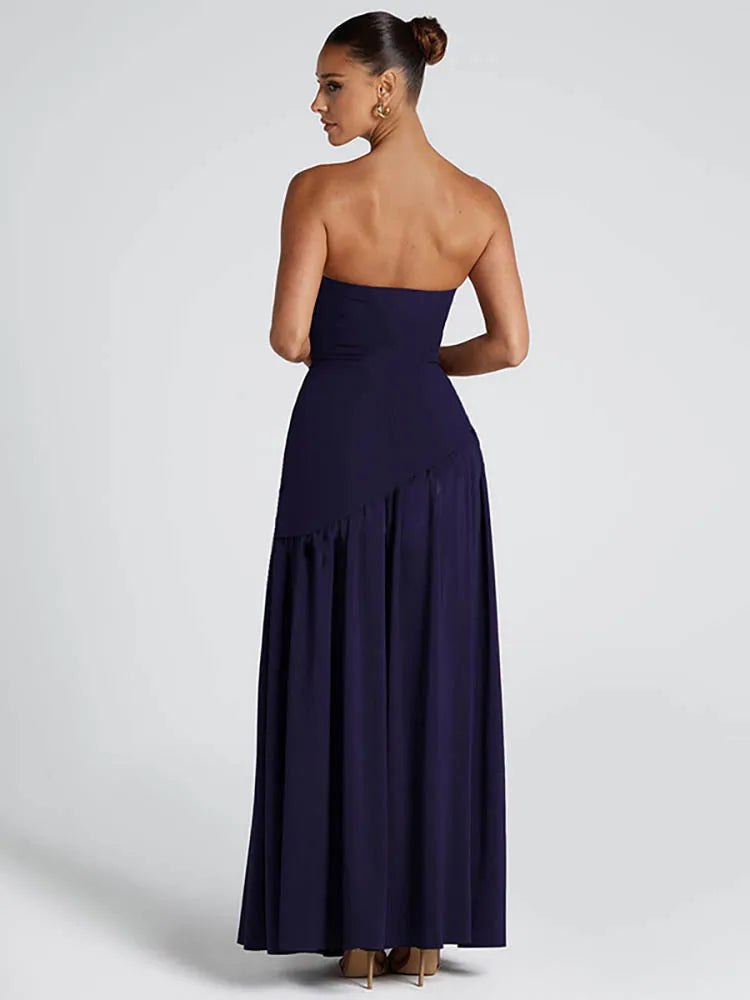 Elegant Off-shoulder Sexy Maxi Dress Women Gown Scarf Collar Strapless Sleeveless Backless High Split Long Dress Female