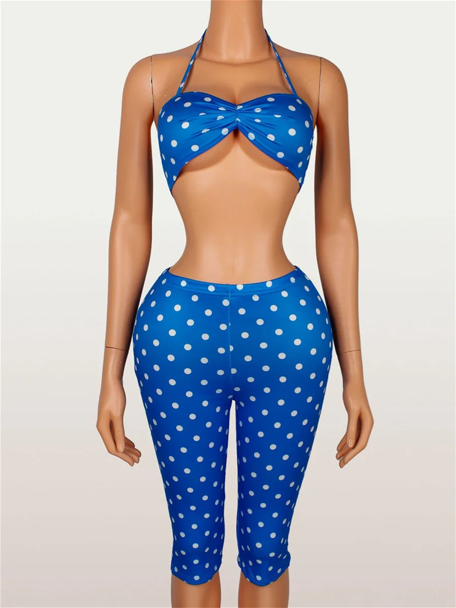 Wild Vacation 2 Piece Set Women Polka Dot Print Halter Tank Tops+Bike Shorts Stretch Matching Street Party Outfits