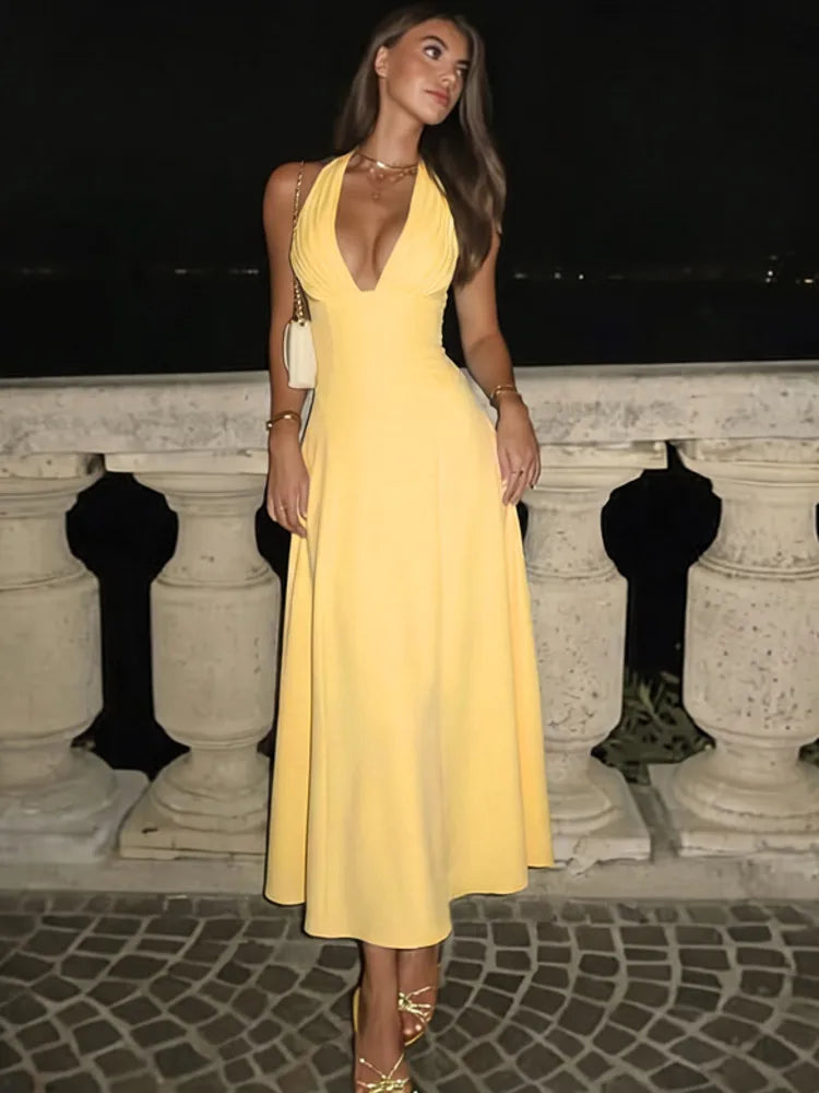 Women Halter Deep V Neck Sexy Midi Dress Pleated Bust Flared A‑Line Long Dress Elegant Evening Party Prom Dresses