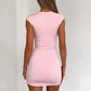 Women Deep V Neck Cap Sleeve Bodycon Sexy Mini Dress Elegant Pink Patchwork Ruched Short Dress Nightclub Party Outfit