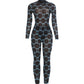 Sexy See Through 2 Piece Set Woman Patchwork Print o-Neck Full Sleeve Bodysuits+Skinny Wrap Hip Long Pants Outfits