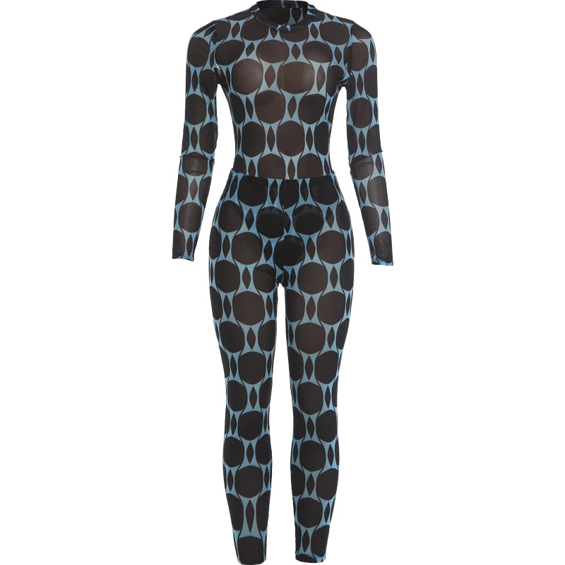 Sexy See Through 2 Piece Set Woman Patchwork Print o-Neck Full Sleeve Bodysuits+Skinny Wrap Hip Long Pants Outfits