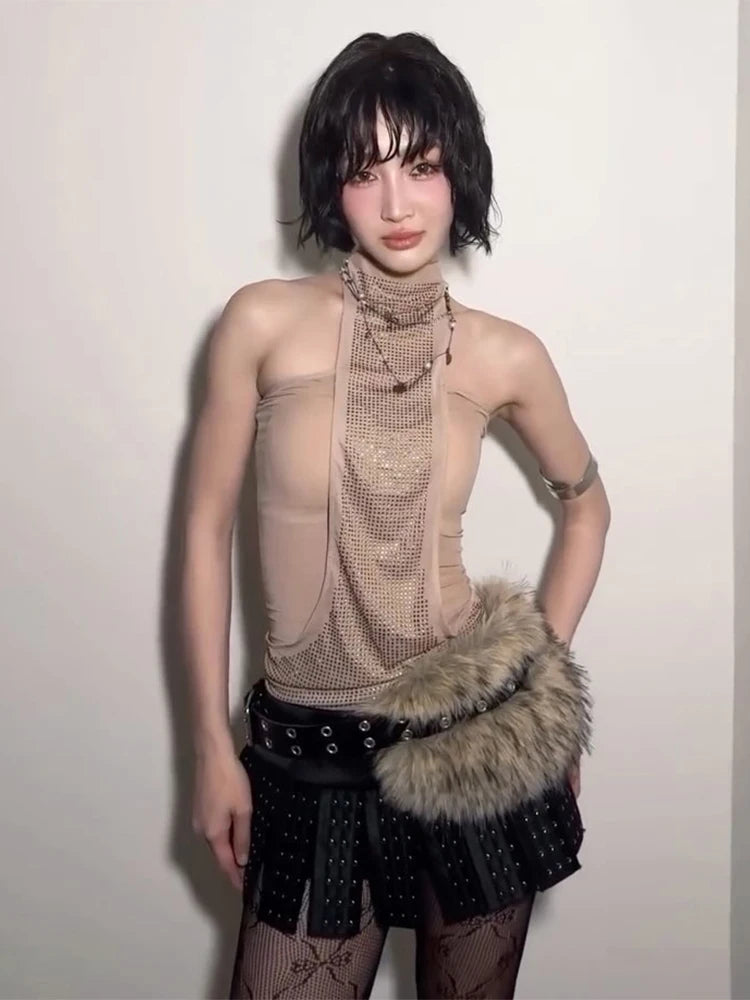 Plaid halter Tank Tops Women Patchwork Rhinestones Wrap Skinny Sleeveless Backless Summer Trend Midnight Hottie Tops