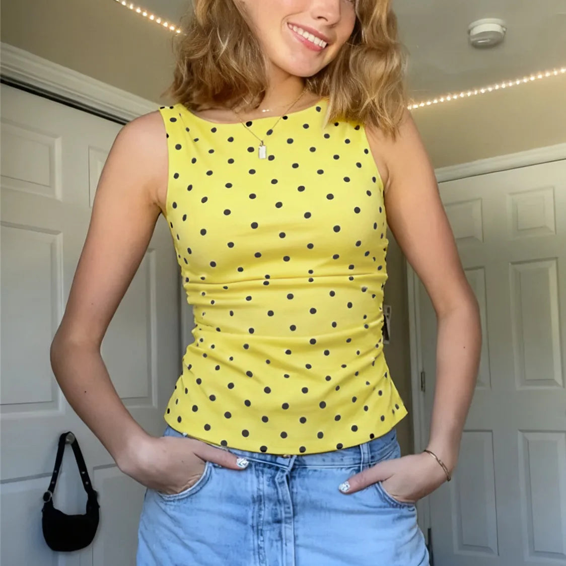 Women's Y2K Polka Dot Sleeveless Tank Top Boat Neck Ruched Side Back Tie Knot Cropped Blouse Casual Summer Streetwear