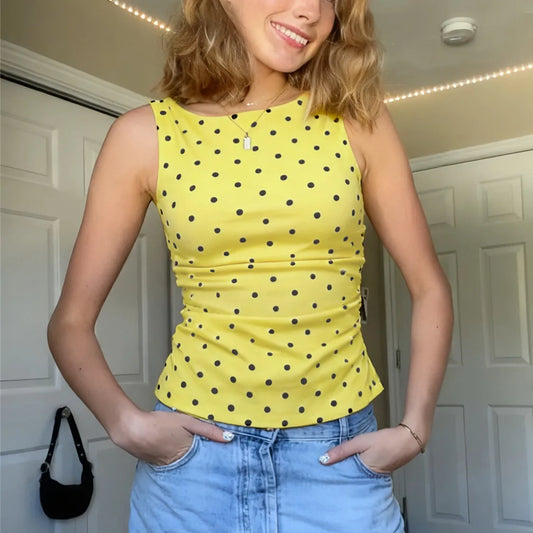 Women's Y2K Polka Dot Sleeveless Tank Top Boat Neck Ruched Side Back Tie Knot Cropped Blouse Casual Summer Streetwear