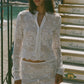 Hollow Floral Lace Women Cropped Cardigan Stand Collar Long Sleeve Button Sheer See Through Cover Up Casual Beach Tops