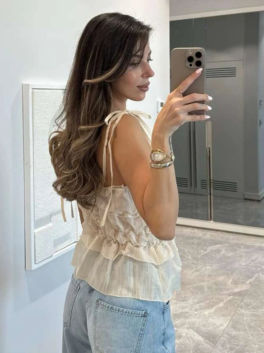 Sexy See Through Camisole Women Summer Trend 3d Flower Decoration Backless Ruffles Hem Street Y2K Style Elegant Tops