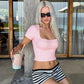 Pink Plaid Print T Shirts Y2k Clothes Woman Summer Square Neck Short Sleeve Crop Tops
