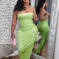 Silk Summer 2 Piece Set Women Strapless Bodysuit+Irregular Side Split Shirring Skirts Midnigh Clubwear Matching Suits