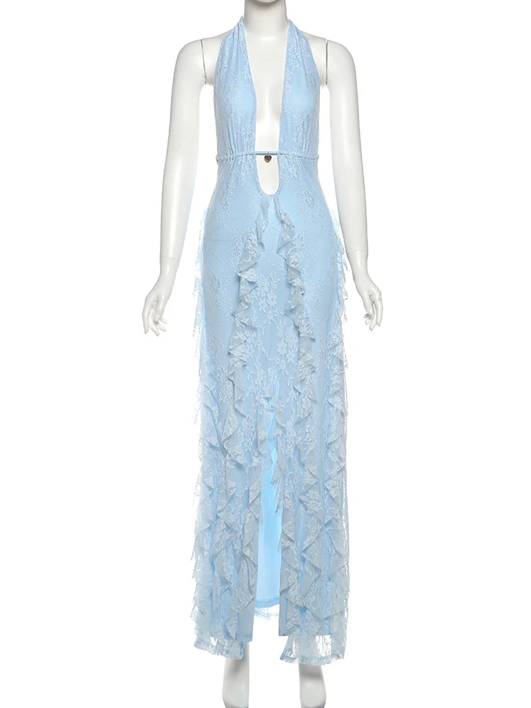 Halter Deep V-Neck Dress Women Elegant Mesh Tassel Patchwork Backless Split Skinny Jacquard Sleeveless Maxi Bodycon