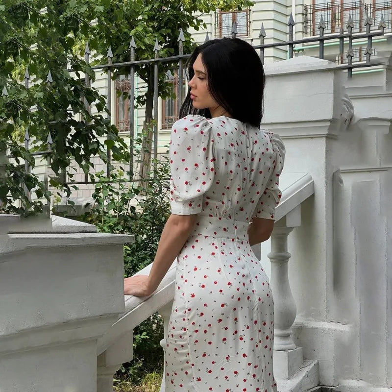 French Style Retro Floral Dress Button V Neck Short Sleeve Long Dresses for Woman Elegant