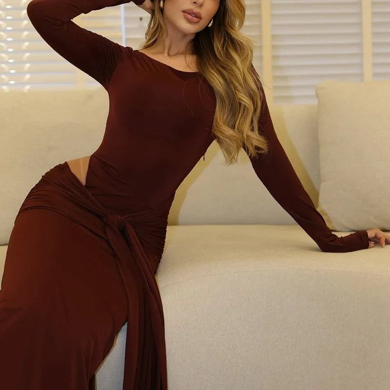Side Hollow Long Sleeve Maxi Dress for Woman Elegant Party Dresses Fall Clothes Woman 2025