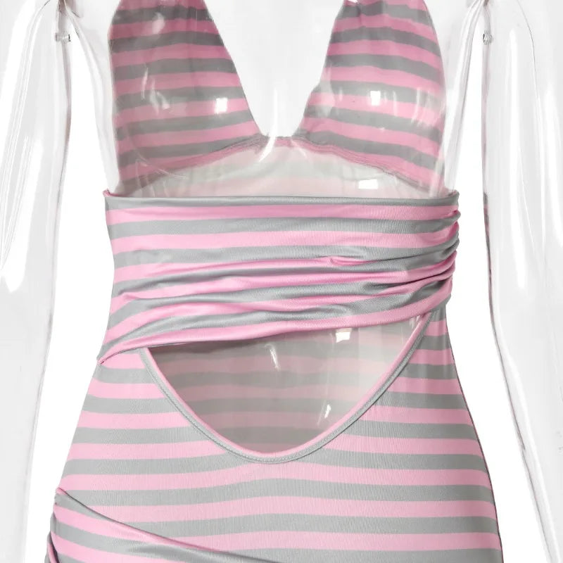 Sexy Pink Striped Halter Backless Mini Dress 2026 Summer Dresses for Woman Clothes