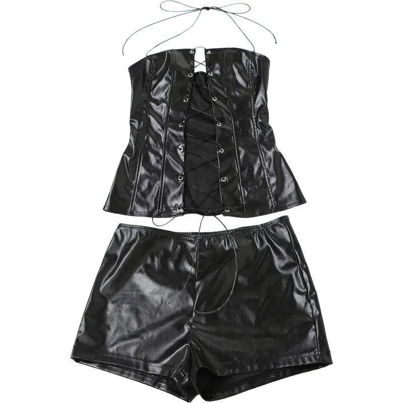 PU Leather Black 2 Piece Sets Women Outfit 2024 Sexy Lace-up Halter Top and Booty Shorts Club Wear Short Sets